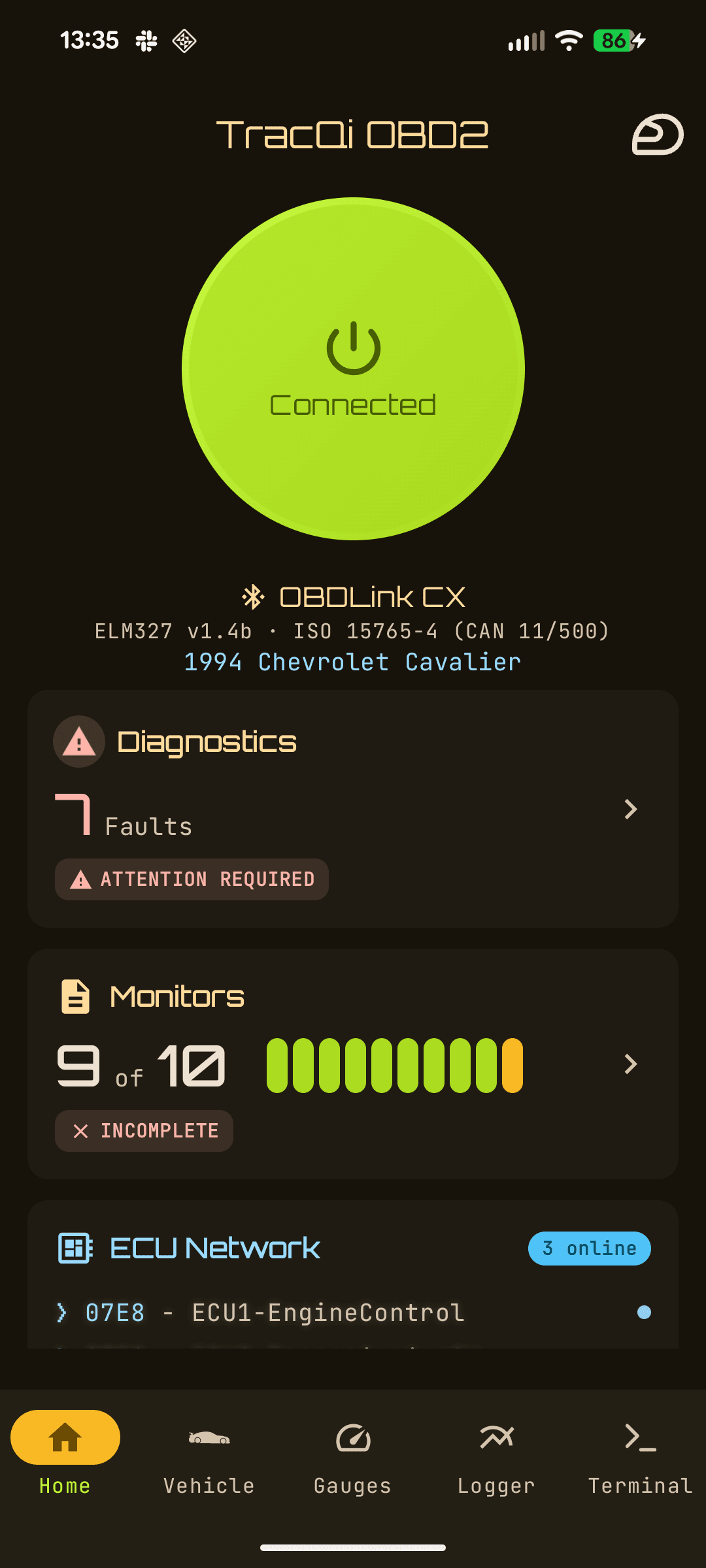 TracQi OBD2 home screen