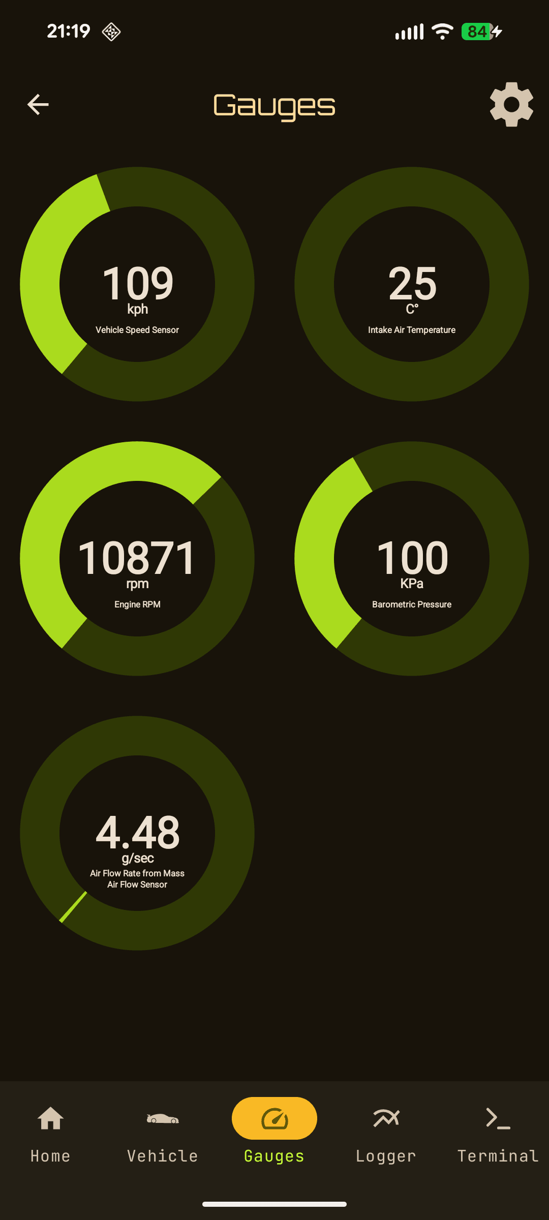 TracQi OBD2 live gauges screen