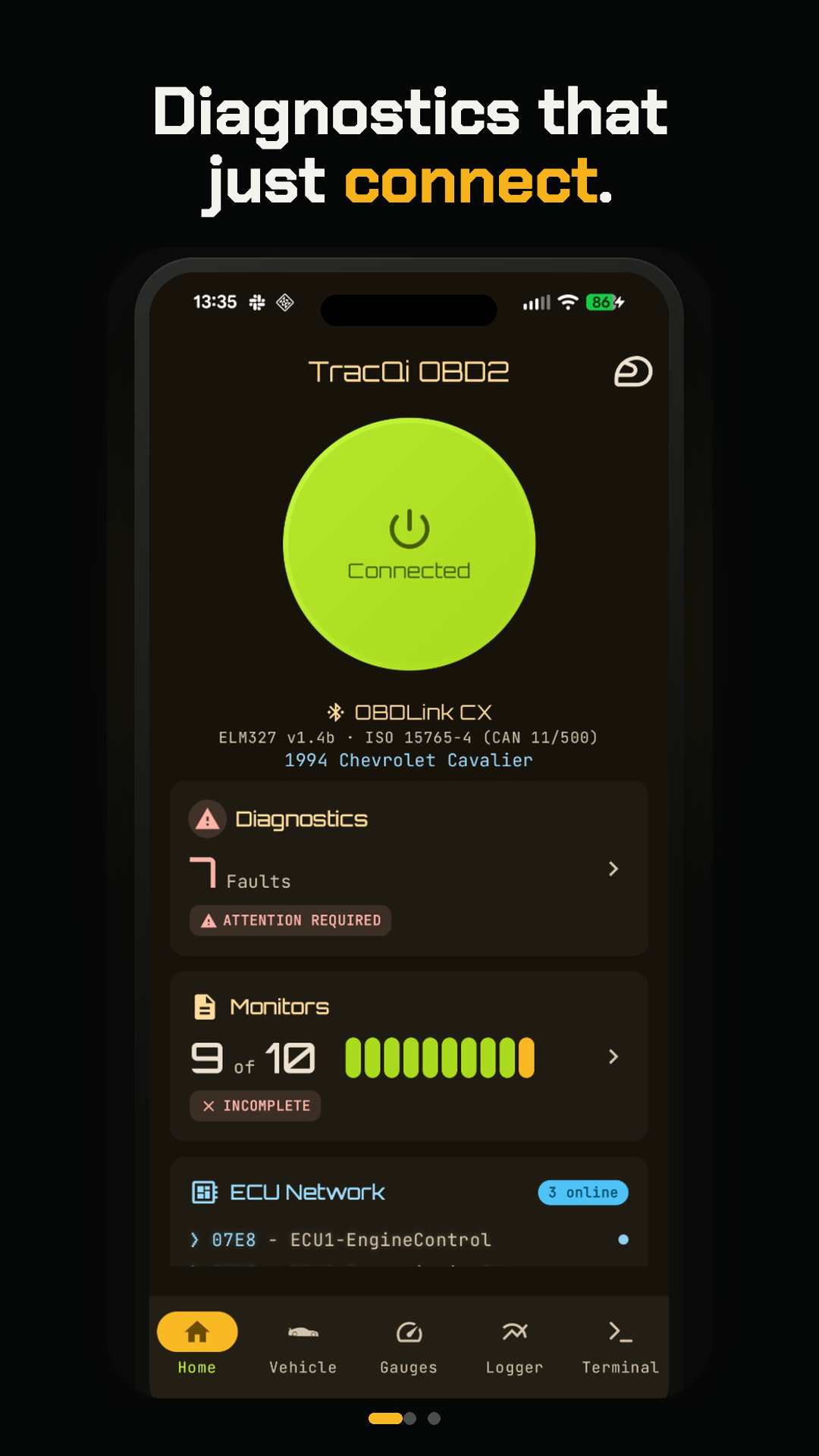 TracQi OBD2 diagnostics app screen